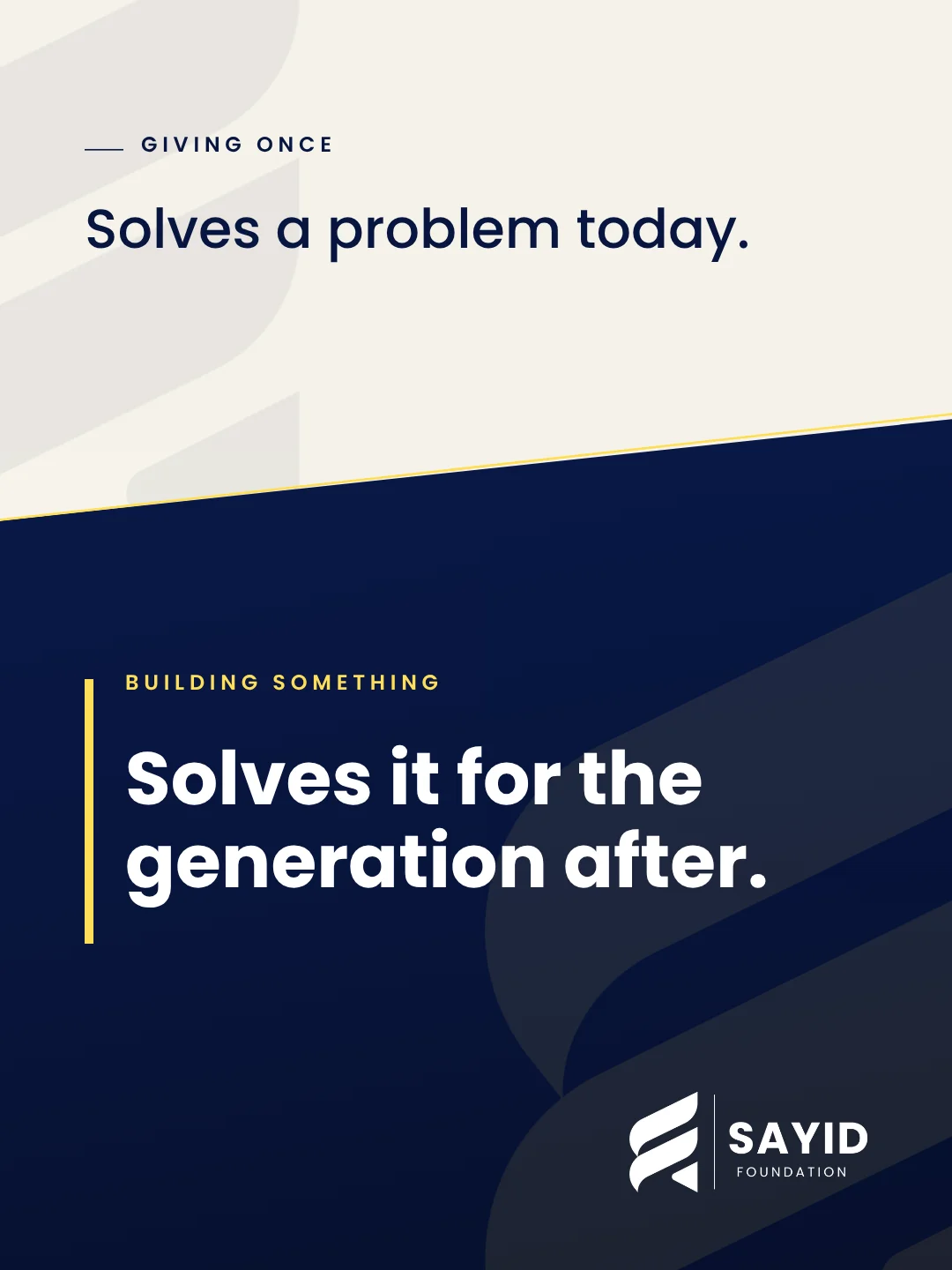 Sayid Foundation campaign artwork: Giving once solves a problem today. Building something solves it for the generation after.
